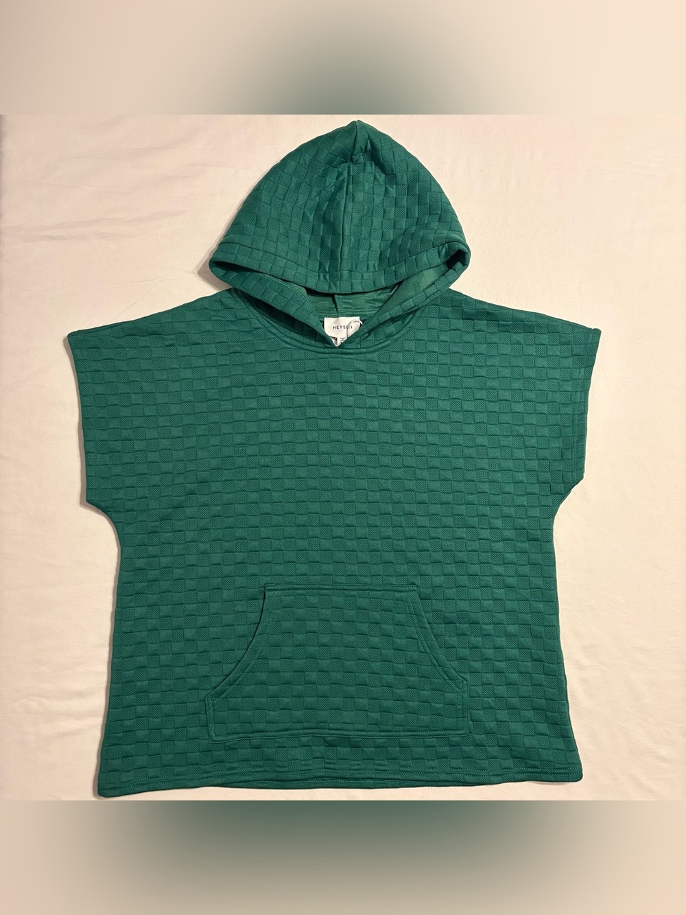 Heyson Checkered Textured Cap Sleeve Hoodie- Quilted Texture and Kangaroo Pocket